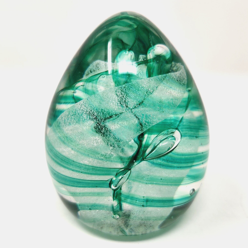 Vintage Studio Glass Paperweight Egg Green Swirl Signed Ann Corcoran '93 Nouwrot